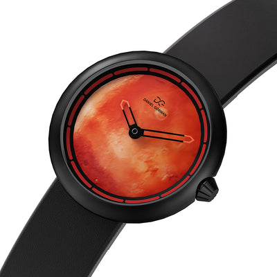 Daniel Gorman Mars red retro-futuristic cow leather strap watch front view featuring sci-fi inspired design and precision craftsmanship.