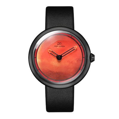 Daniel Gorman Mars red retro-futuristic cow leather strap watch front view featuring sci-fi inspired design and precision craftsmanship.