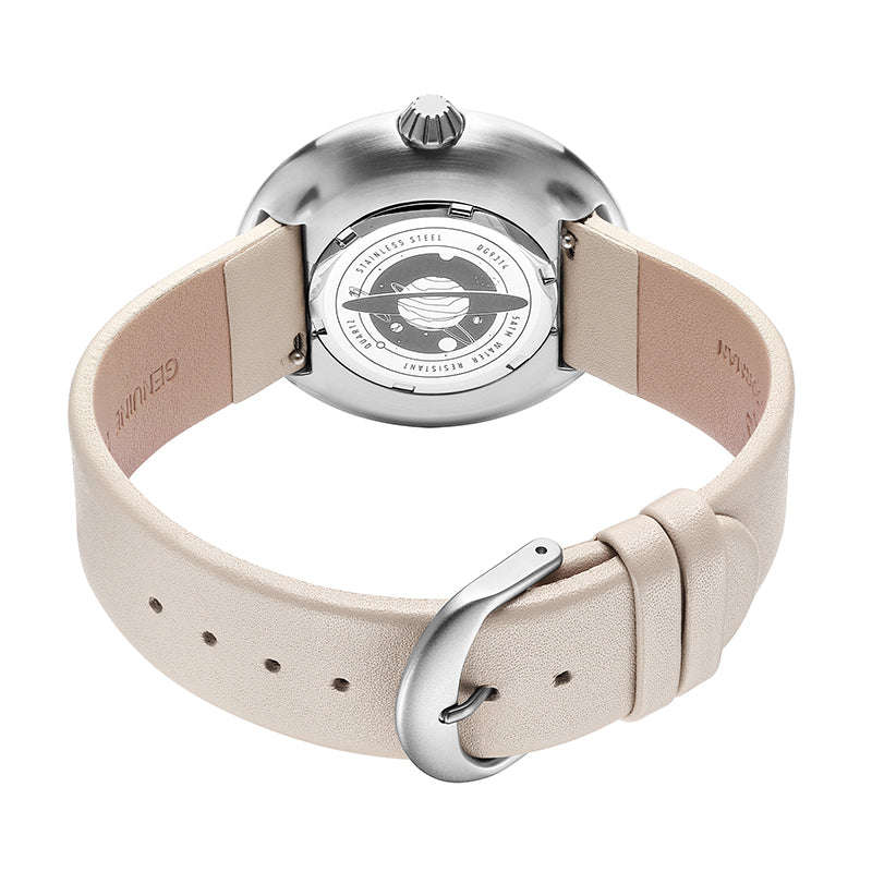 Daniel Gorman moon white retro-futuristic cow leather strap watch front view featuring sci-fi inspired design and precision craftsmanship.
