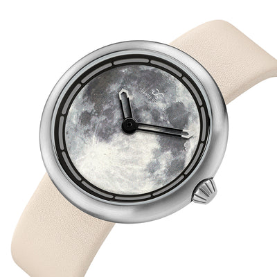 Daniel Gorman moon white retro-futuristic cow leather strap watch front view featuring sci-fi inspired design and precision craftsmanship.