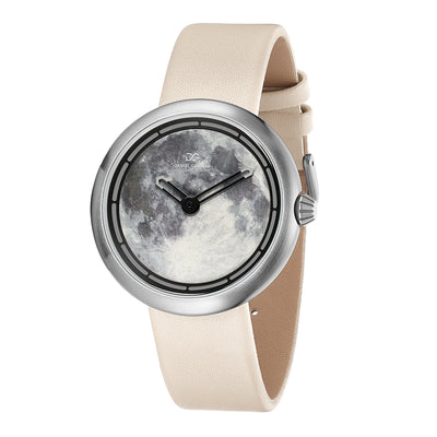 Daniel Gorman moon white retro-futuristic cow leather strap watch front view featuring sci-fi inspired design and precision craftsmanship.