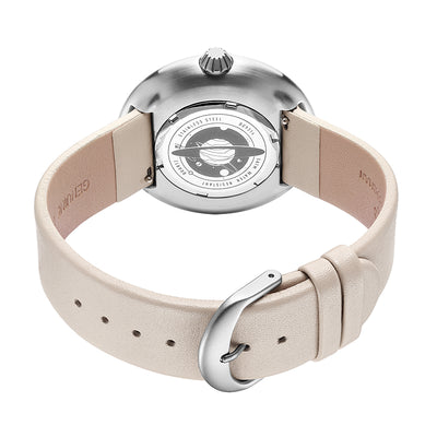 Daniel Gorman Earth white retro-futuristic cow leather strap watch front view featuring sci-fi inspired design and precision craftsmanship.