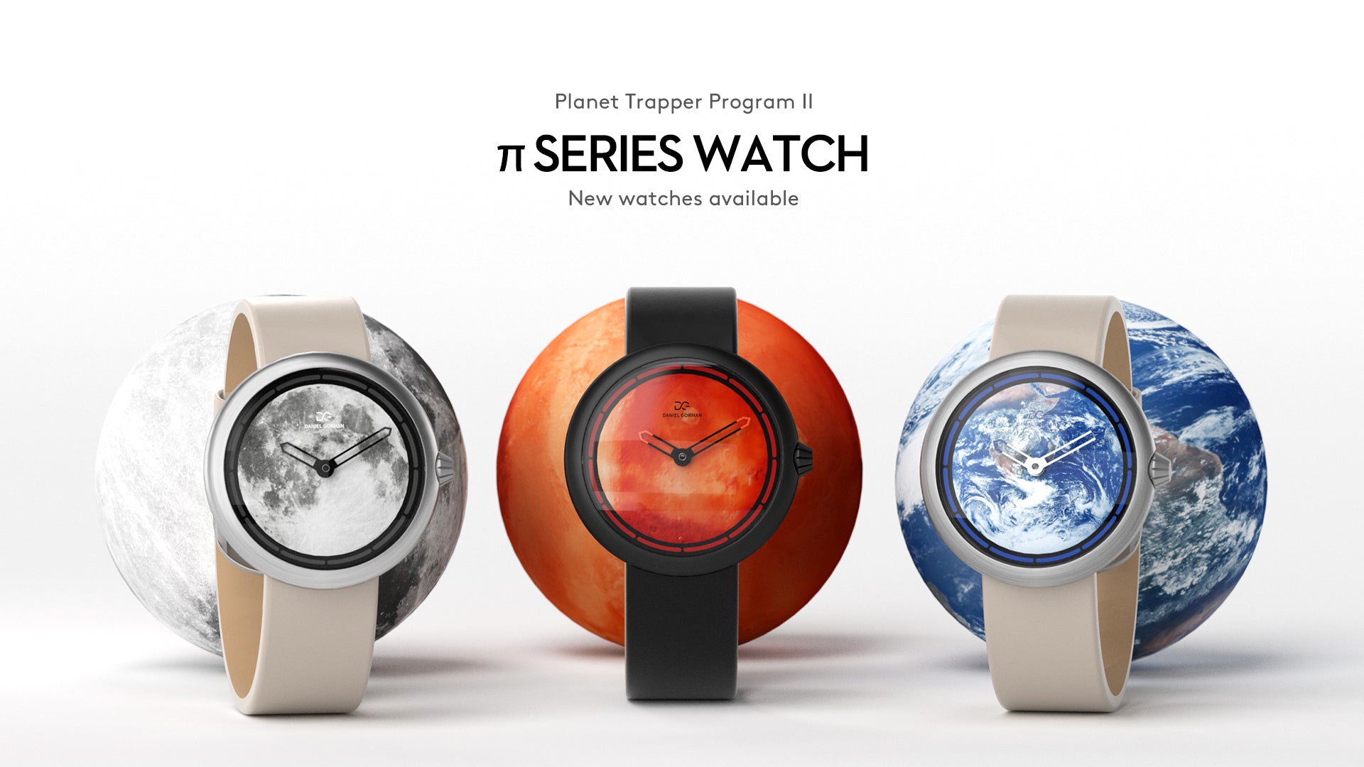 Homepage banner view showcasing Daniel Gorman retro-futuristic watch collection featuring multiple signature timepieces with sci-fi inspired modern design.
