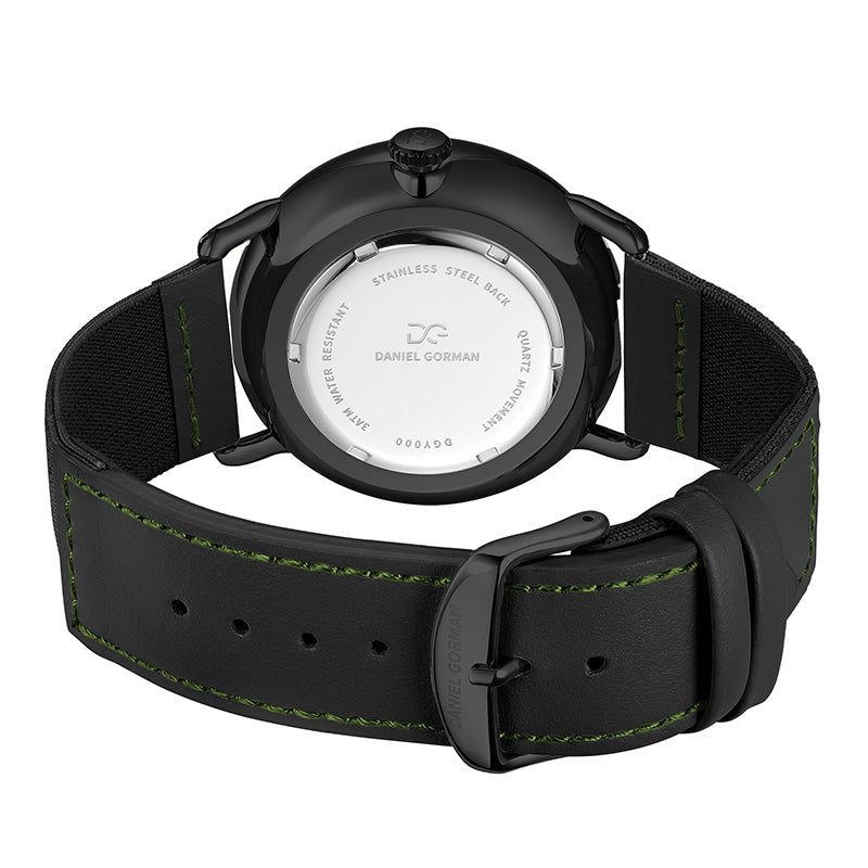 Case back view of Daniel Gorman Quartz Gravity watch showcasing precision craftsmanship and construction details.