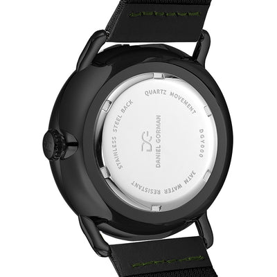 Case back view of Daniel Gorman Quartz Gravity watch showcasing precision craftsmanship and construction details.