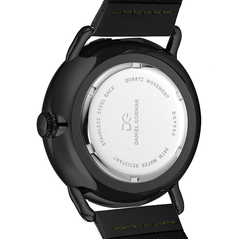 Case back view of Daniel Gorman Quartz Gravity watch showcasing precision craftsmanship and construction details.