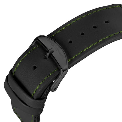 Close-up of Daniel Gorman Quartz Gravity watch strap combining genuine leather and nylon, showcasing a hybrid material design with durable craftsmanship.