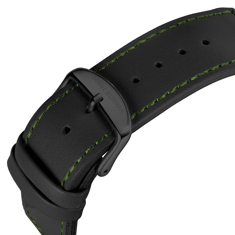 Close-up of Daniel Gorman Quartz Gravity watch strap combining genuine leather and nylon, showcasing a hybrid material design with durable craftsmanship.