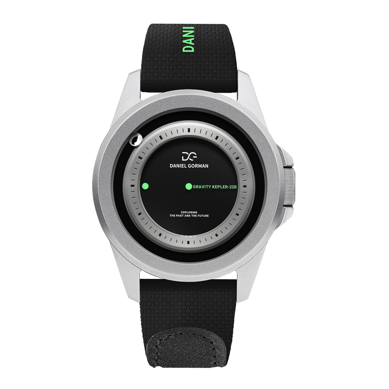 Daniel Gorman Gravity Series KEPLER-22B.002 quartz watch featuring a black luminous dial and black nylon strap, front view.