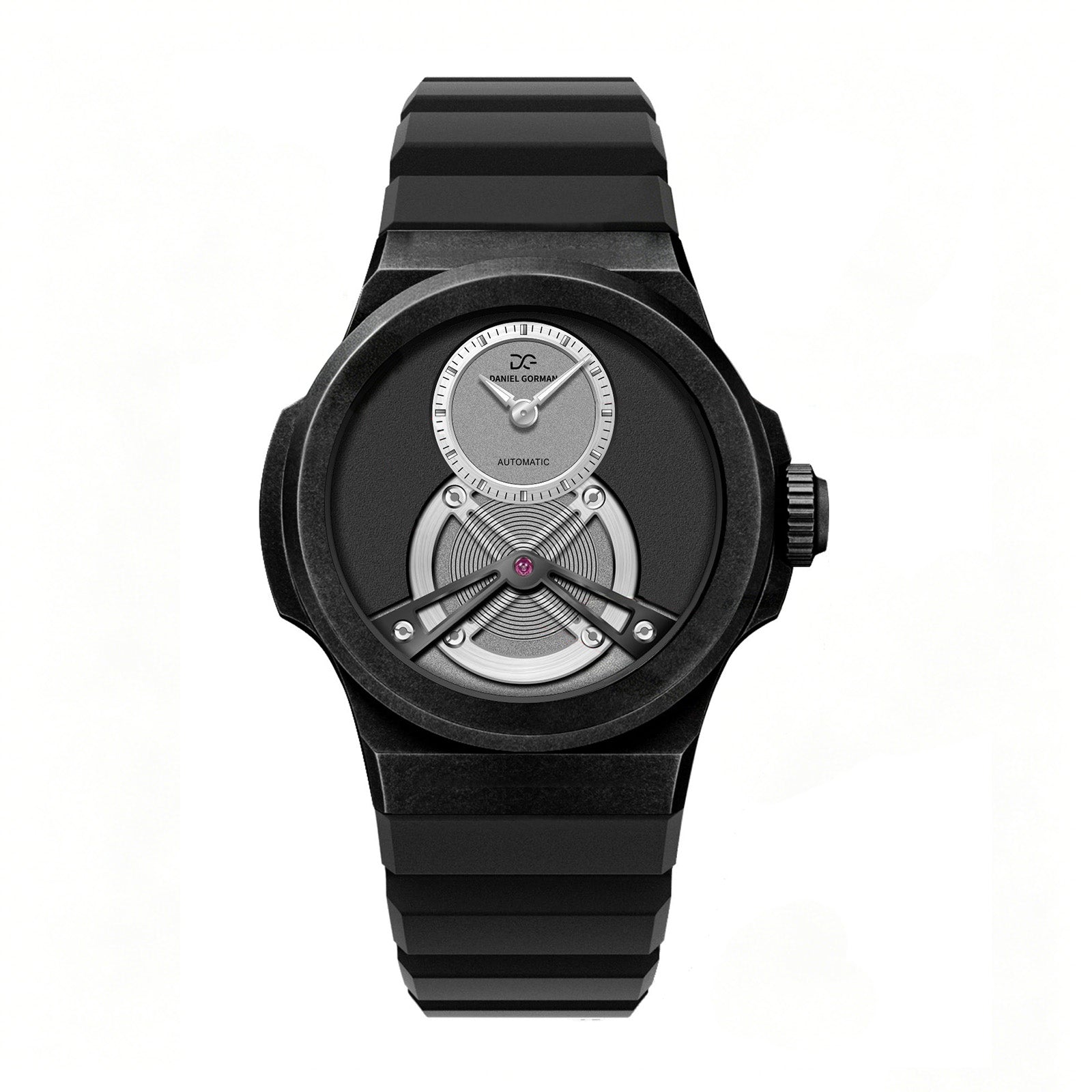 Daniel Gorman Rasengan 001 mechanical watch featuring a grey and black dial with black silicone strap, front view.
