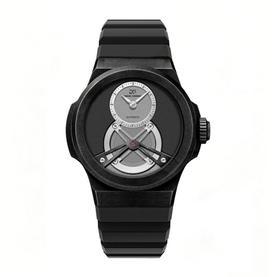 Daniel Gorman Rasengan 001 mechanical watch featuring a grey and black dial with black silicone strap, front view.