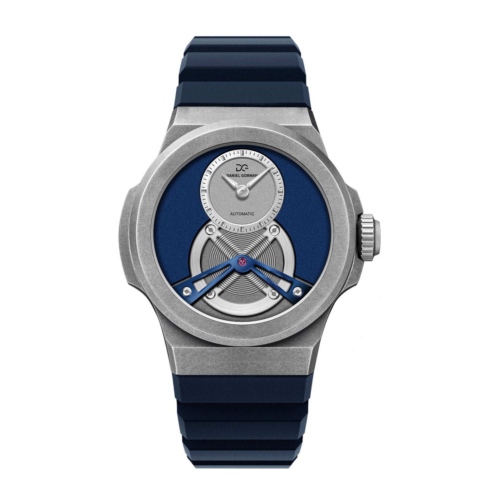 Daniel Gorman Rasengan 003 mechanical watch featuring a deep blue and grey dial with black silicone strap, front view.