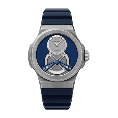 Daniel Gorman Rasengan 003 mechanical watch featuring a deep blue and grey dial with black silicone strap, front view.