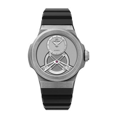 Daniel Gorman Rasengan 005 mechanical watch featuring a grey dial and black silicone strap, front view.