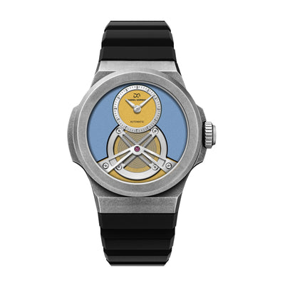 Daniel Gorman Rasengan 006 mechanical watch featuring a multi-color blue yellow grey dial and black silicone strap, front view.