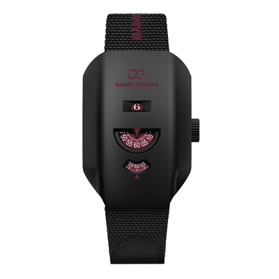 Daniel Gorman Walkie-Talkies Burgundy Royale mechanical watch featuring a black dial and black strap, front view.