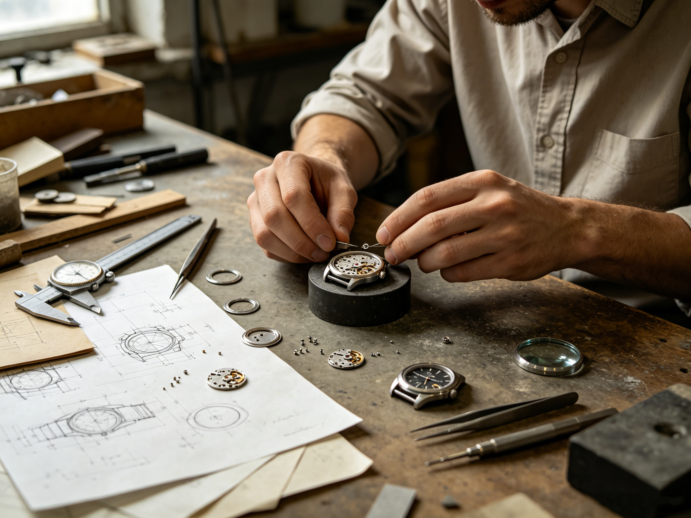Watchmaker assembling a Daniel Gorman timepiece, showcasing precision craftsmanship and attention to detail in the production process.
