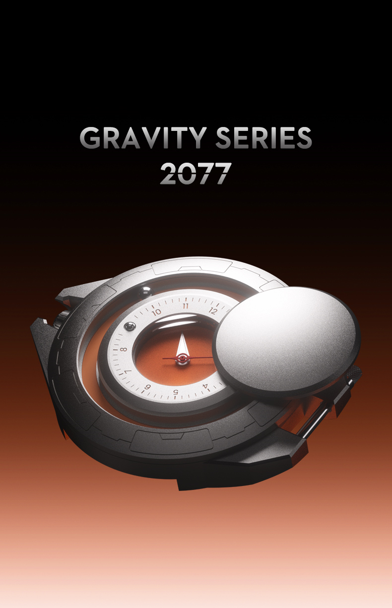 Vertical poster of Explorer Airship Gravity 2077 quartz watch featuring a 360° sliding case design with futuristic sci-fi inspired aesthetics.