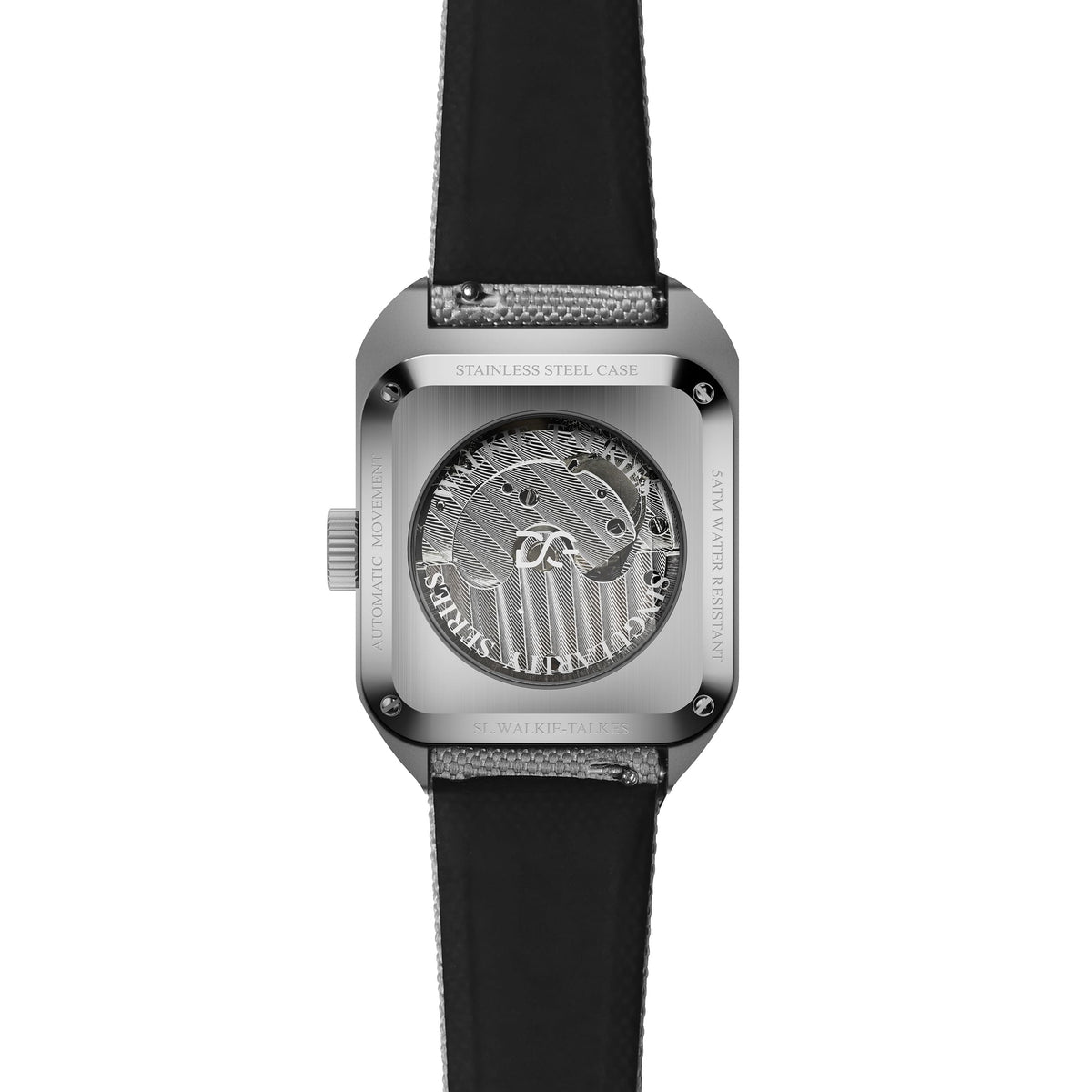 Daniel Gorman Walkie-Talkies watch caseback with sk strap attached
